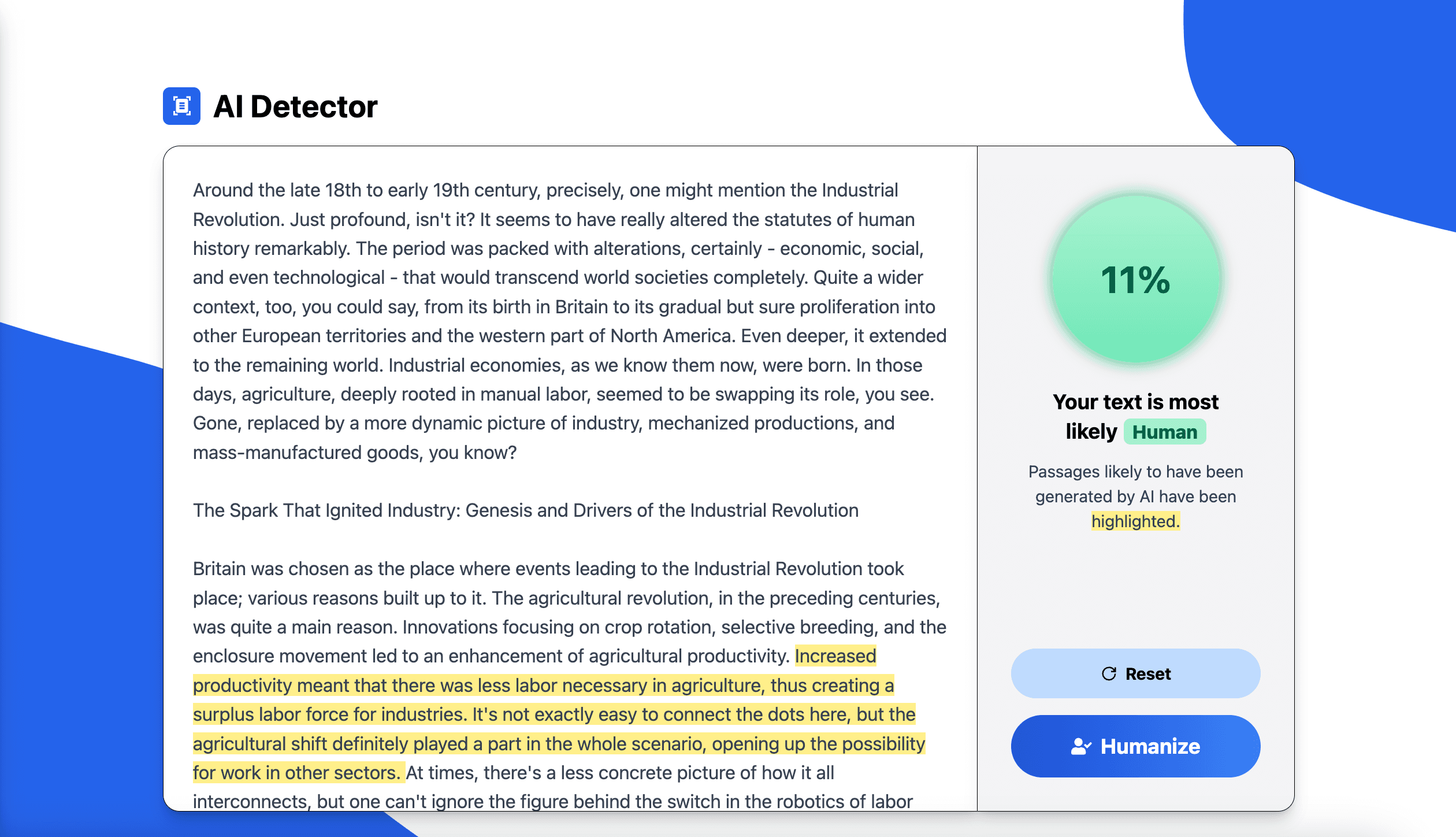 Screenshot demonstrating how to humanize text for undetectable AI content using Kipper’s AI humanizer tool. The image shows a text passage with highlighted AI-generated sections, a detection score of 11% indicating 'most likely human,' and a 'Humanize' button to make the content undetectable by AI essay detectors or AI content checkers. A 'Get Started' button is visible for easy access.