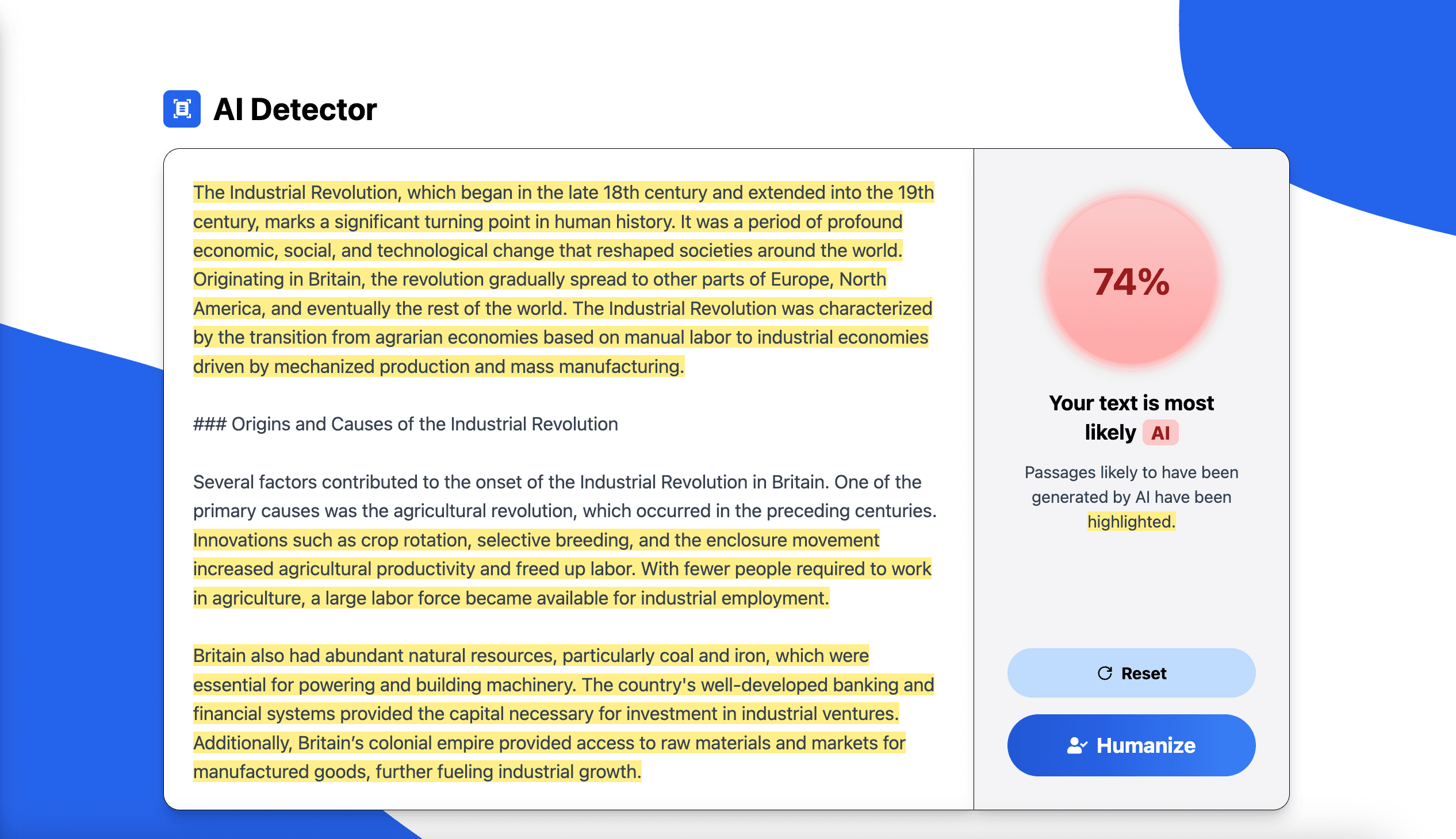 Screenshot showing the process of getting an AI detection score using Kipper's AI Detector. The image displays a text passage with highlighted AI-generated sections and a score indicating the likelihood of the text being flagged by AI detectors, AI plagiarism checkers, or AI essay detectors. A 'Get Started' button is available for users to begin the analysis.