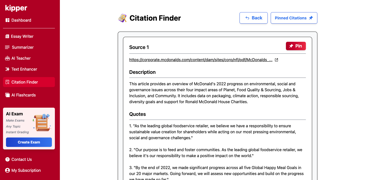 Close-up view of Kipper's Essay Writer tool results on a computer