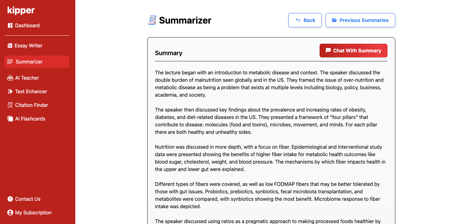 Kipper's AI Summarizer tool in use, displaying a concise summary of a complex academic text.